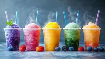 Panoramic still life of ice cream slush frozen colorful frozen fruit photo