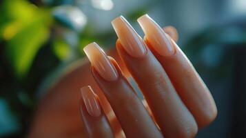 Neutral gel polish manicure on square nails, elegant hand close-up. photo