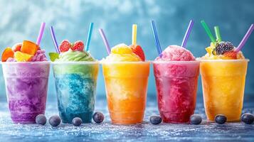 Panoramic still life of ice cream slush frozen colorful frozen fruit photo