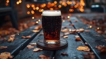 Pint of dark beer on wooden coaster, warm fairy lights photo