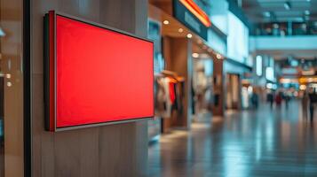red blank sign inside shopping mall mock up advertise display frame photo
