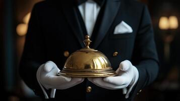 Portrait of Butler in Dark Suit and White Gloves Holding Brass Bell photo