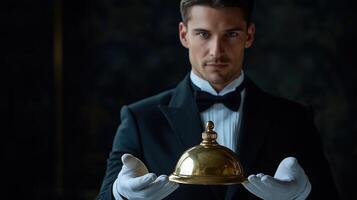 Portrait of Butler in Dark Suit and White Gloves Holding Brass Bell photo