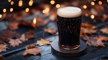 Pint of dark beer on wooden coaster, warm fairy lights photo