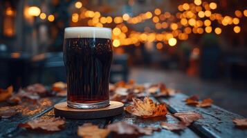 Pint of dark beer on wooden coaster, warm fairy lights photo
