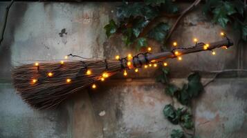 Simple witch's broom wrapped with warm orange fairy lights photo