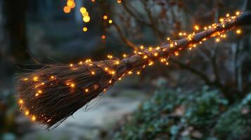 Simple witch's broom wrapped with warm orange fairy lights photo