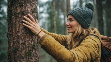 Woman touching a tree photo