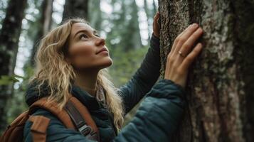 Woman touching a tree photo