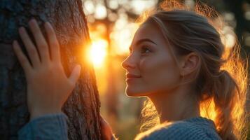 Woman touching a tree photo