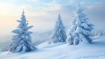 A serene winter landscape featuring snow-covered trees photo