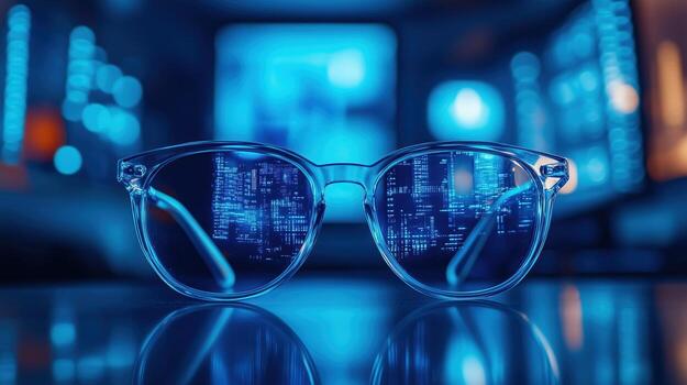 Anti blue light computer glasses on the technology background photo