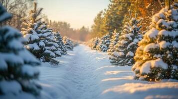 Christmas pine tree farm blanketed in white snow photo