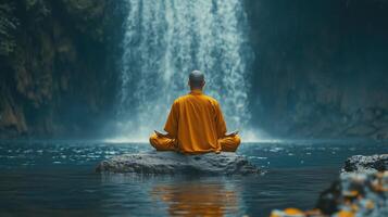 Buddhist monk meditating on rock in water with waterfall background photo