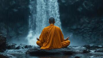 Buddhist monk meditating on rock in water with waterfall background photo