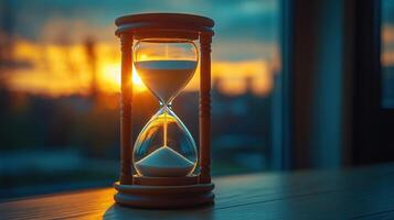 Close up view of sand hourglass stand bright table blurred office photo
