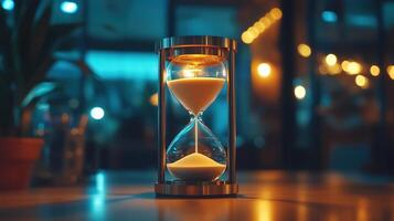 Close up view of sand hourglass stand bright table blurred office photo