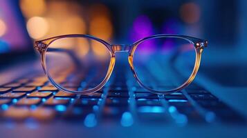 Glasses on the keyboard of a laptop, close-up photo