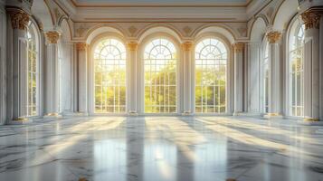 Luxurious palace ballroom interior render with marble floor columns photo