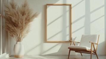 Minimalist interior with empty frame mockup pampas grass in vase photo
