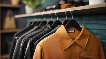 Stylish clothes hanging on rack in modern dressing room photo