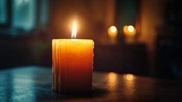 Single candle burning in a dark room, soft glow, closeup photo