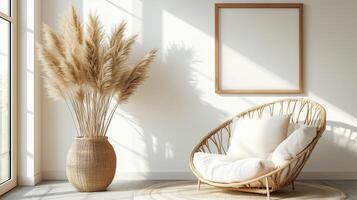 Minimalist interior with empty frame mockup pampas grass in vase photo