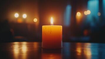 Single candle burning in a dark room, soft glow, closeup photo