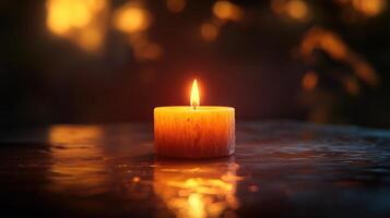 Single candle burning in a dark room, soft glow, closeup photo