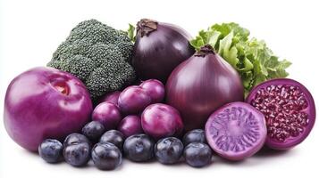 Assortment of different purple fruit and vegetable photo