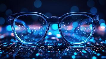Anti blue light computer glasses on the technology background photo