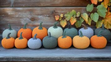 A cozy collection of crocheted pumpkins in various shades photo