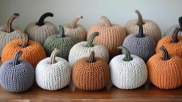 A cozy collection of crocheted pumpkins in various shades photo