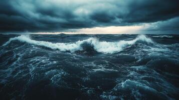 A dramatic seascape showcasing turbulent dark waters under a stormy sky photo