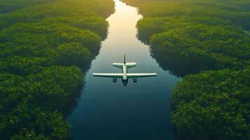 a shadow plane flies over a mangrove forest. environmentally sustainable fuel. photo