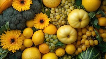 Assortment of different yellow fruit and vegetable photo