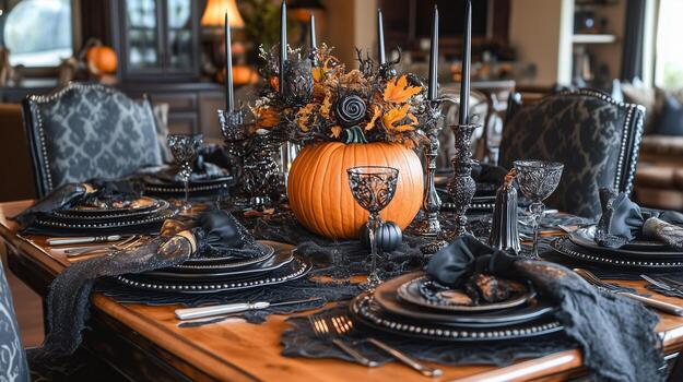 A table is set for a Halloween dinner with a pumpkin centerpiece and black photo