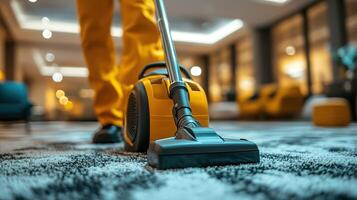 Close-up of a janitor vacuuming a carpet photo