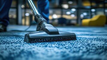 Close-up of a janitor vacuuming a carpet photo