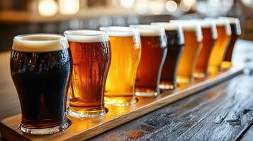 Close up of a rack of different kinds of beers, dark to light, on a table. photo