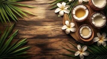 coconut oil wallpaper on a wooden table in natural background photo