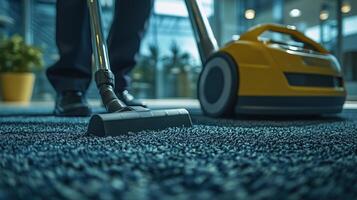 Close-up of a janitor vacuuming a carpet photo
