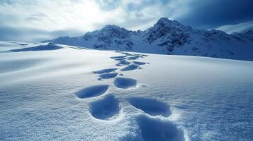 deep snow of footprints. Footprints mountain orientations backlite areas photo