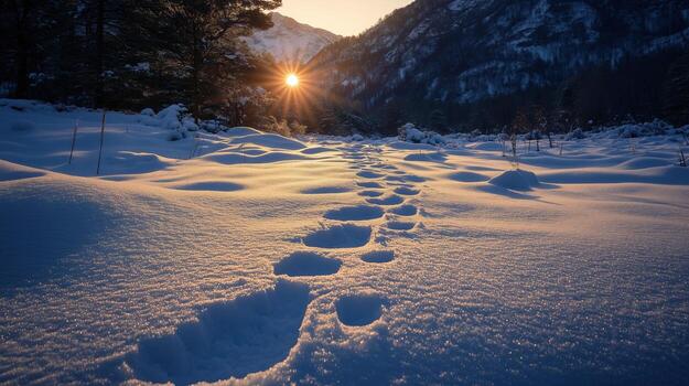 deep snow of footprints. Footprints mountain orientations backlite areas photo