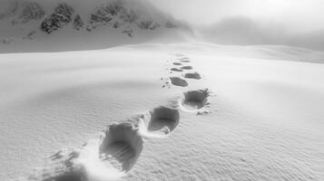 deep snow of footprints. Footprints mountain orientations backlite areas photo