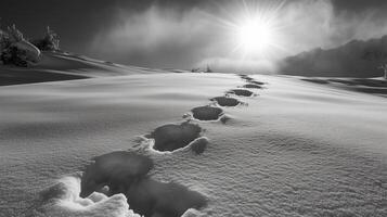 deep snow of footprints. Footprints mountain orientations backlite areas photo