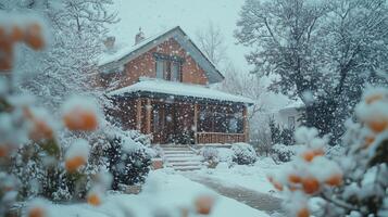 deep winter snowball at home. Covered deep winter snow blizzard front yard photo