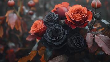 Halloween themed floral arrangement with dark roses photo