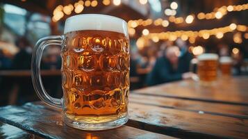 Oktoberfest, munich. Beer mugs on table, People drinking beer photo