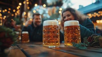 Oktoberfest, munich. Beer mugs on table, People drinking beer photo